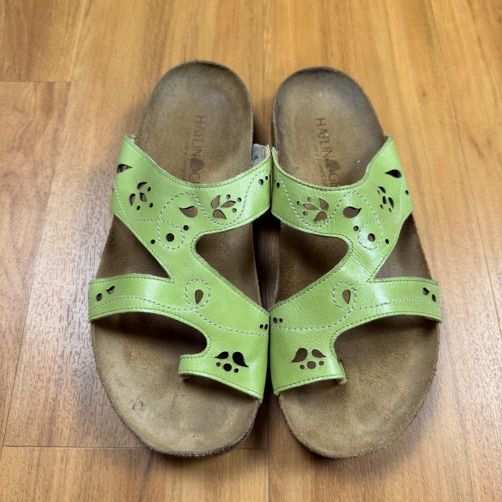 Haflinger Lime Green Leather Laser Cut Cork Footbed Slide Sandals‎ Womens 40
